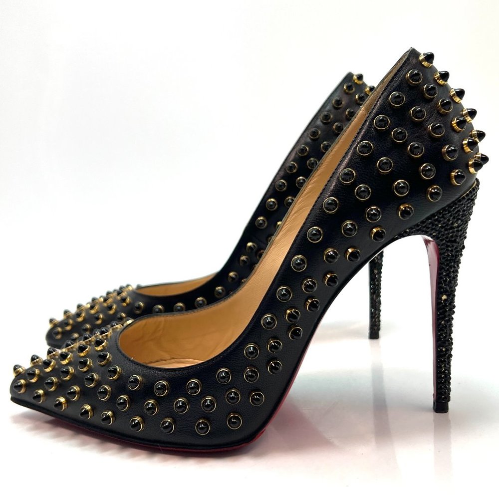 Christian Louboutin Black Leather Spike Stud Pumps with Gold Accents
